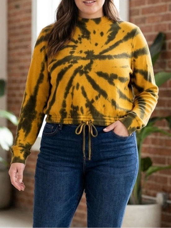 Sweaters - Zine Tie Dye Crop Long Sleeve Sweatshirt Women L Black Charcoal Grunge